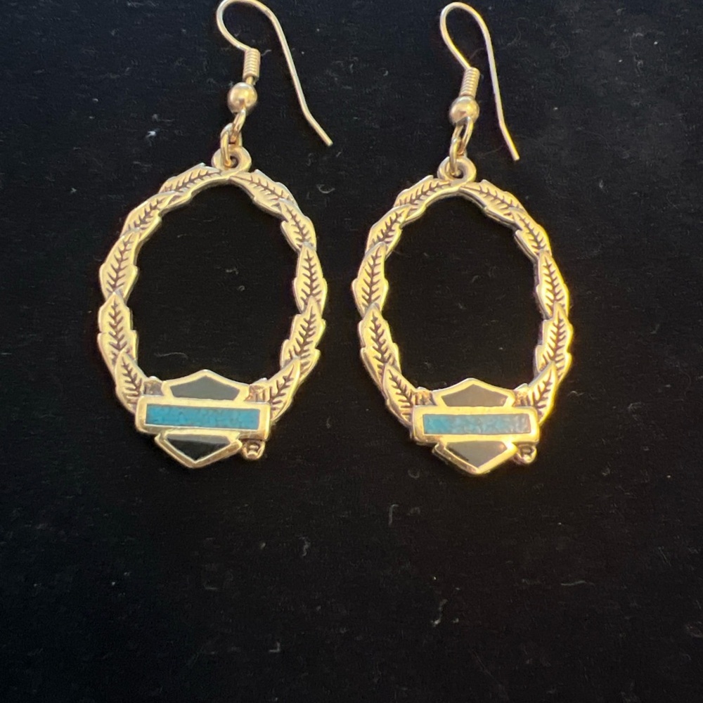 Harley Davidson Earrings Gold Tone Turquoise & Black Super Cute